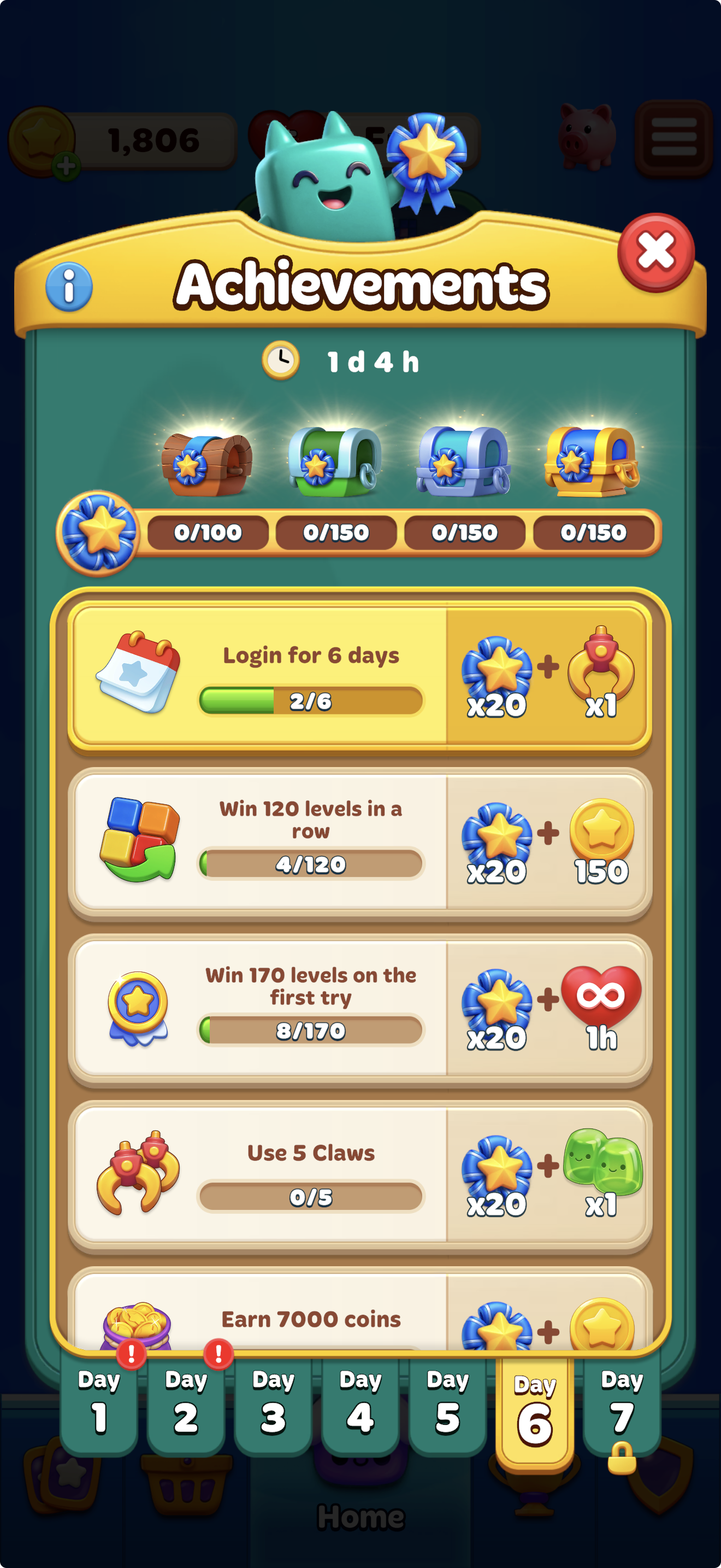 Achievements menu screen displaying a list of daily tasks, completion progress, event milestones with reward chests, and a 7-day login event calendar.png