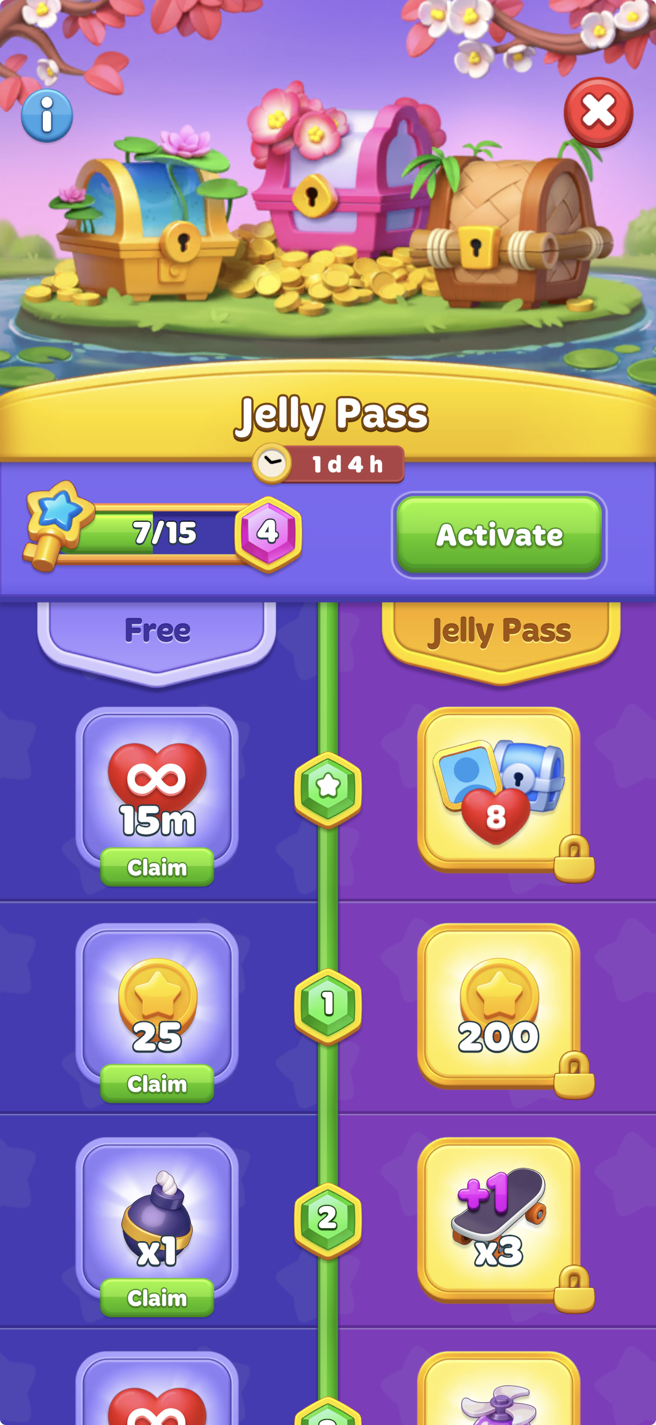 Jelly Pass event screen showcasing a milestone progress track divided into clear sections for free rewards and locked premium track rewards.png