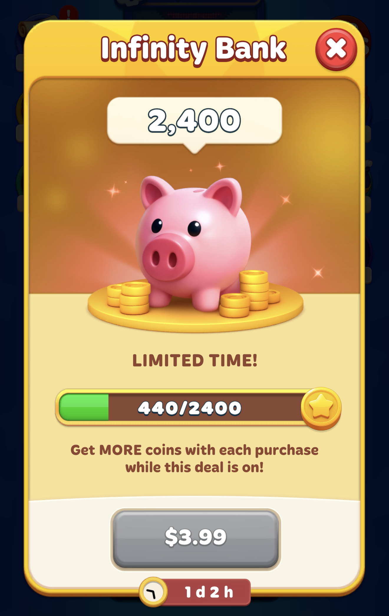 Infinity Bank screen featuring a pink piggy bank, a coin accumulation progress bar, and a limited-time purchase option.png