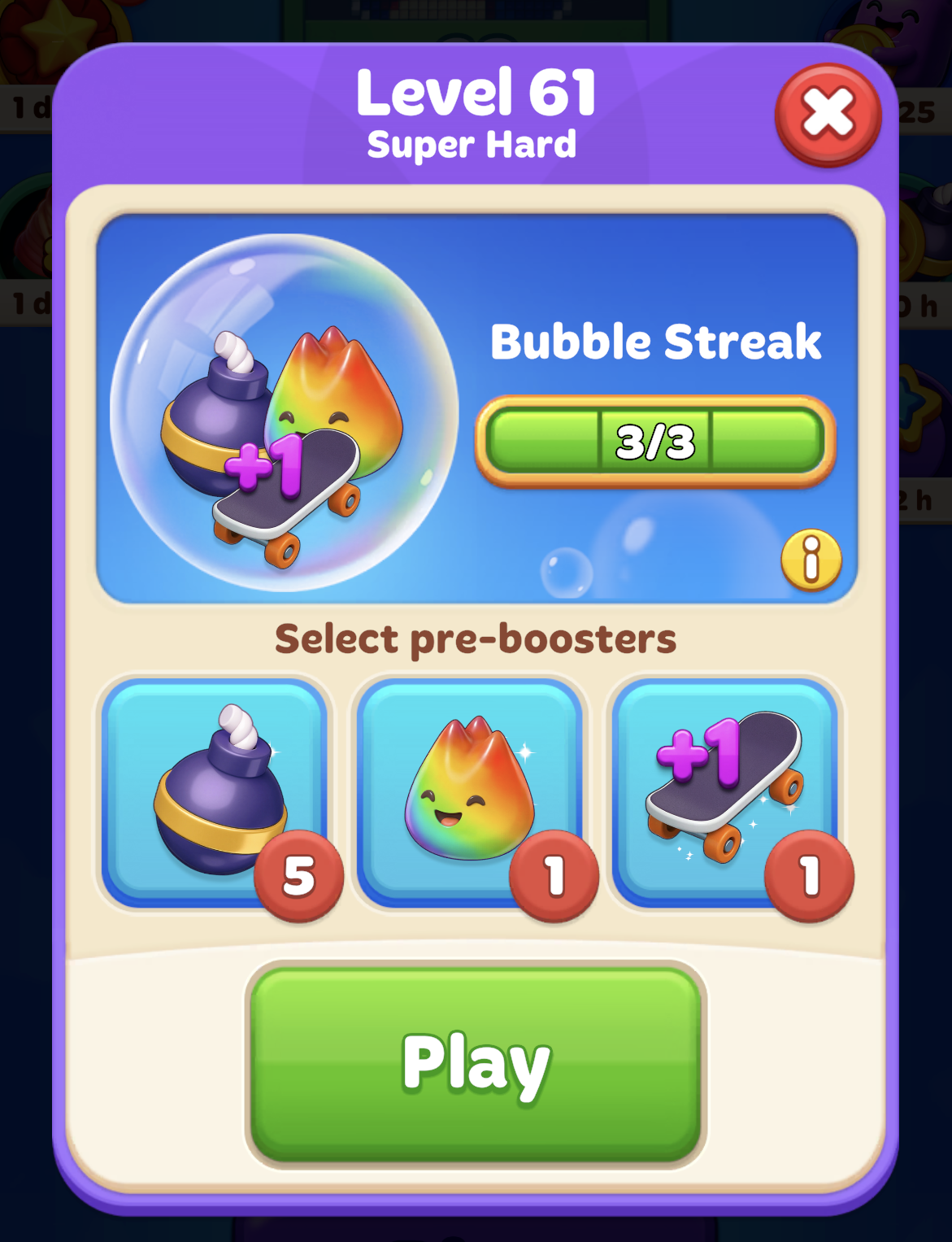 Level start screen featuring Bubble Streak active bonuses, and a section to select pre-boosters.png
