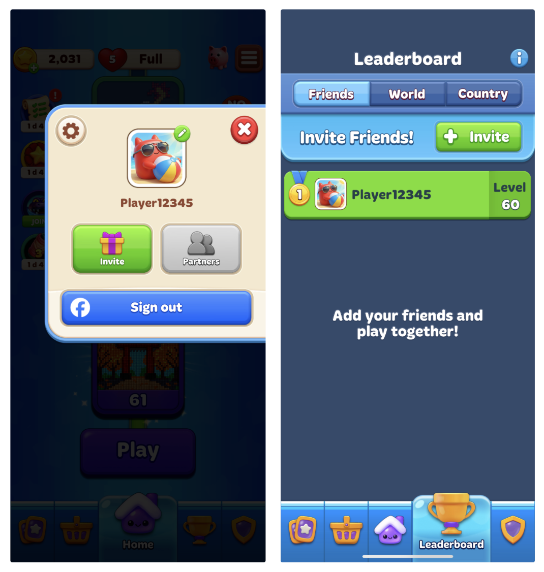 Two ways to reach the Invite Friends screen: via the profile popup (left) and the Leaderboard Friends tab (right).png
